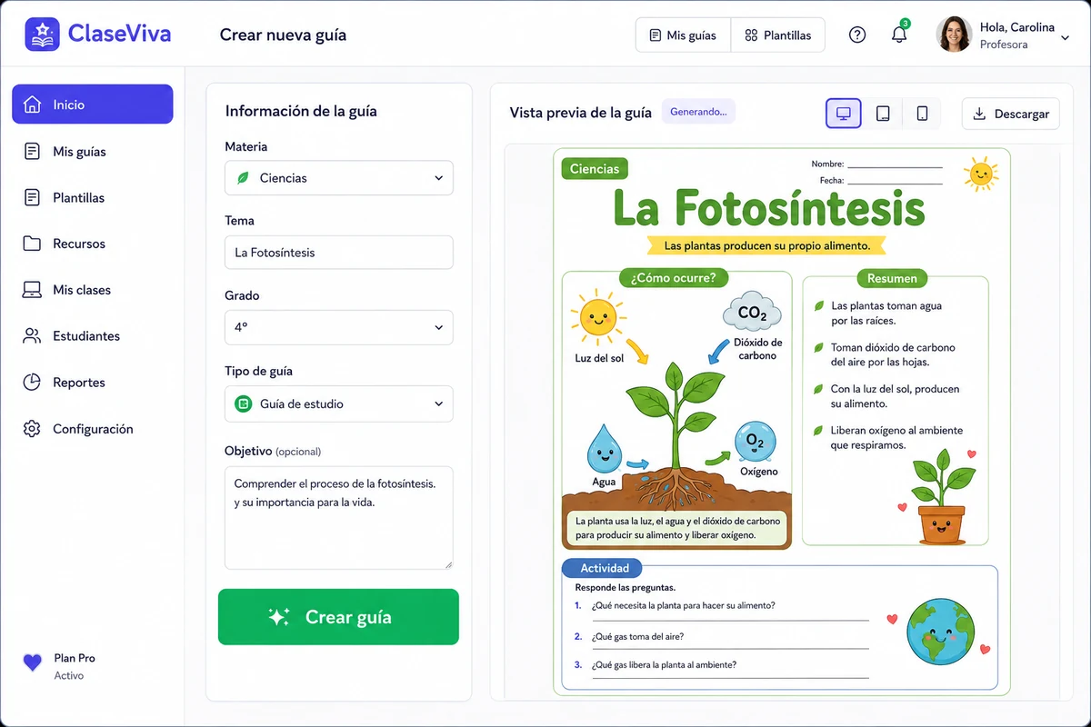 Interfaz del Motor Pedagógico ClaseViva generando una guía